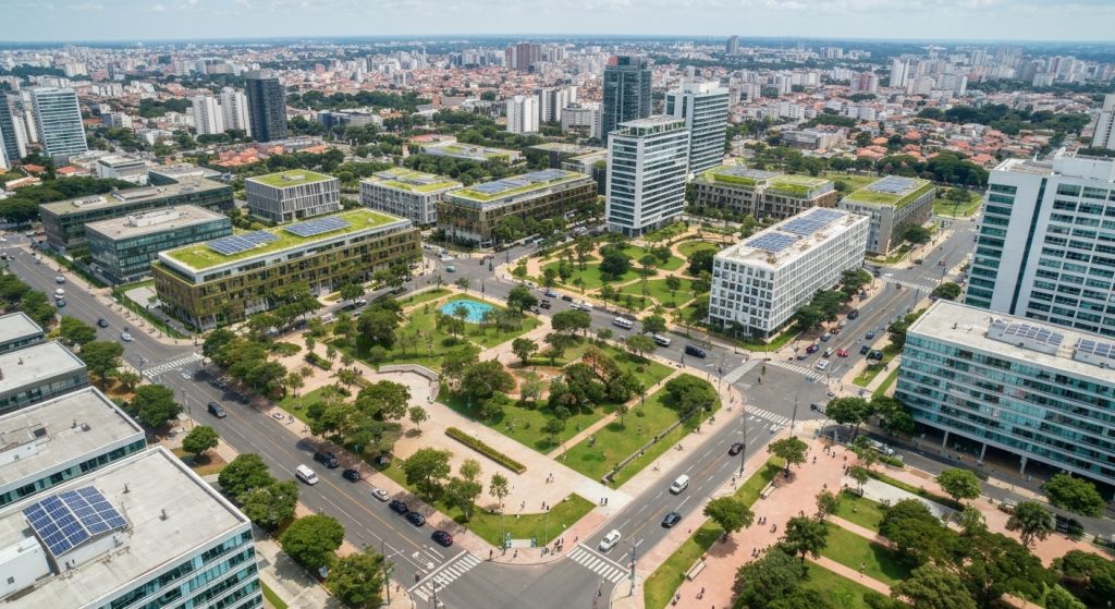 Vista aérea do Distrito Federal em 2026, mostrando a diversidade de bairros ideais para compra do primeiro imóvel.
