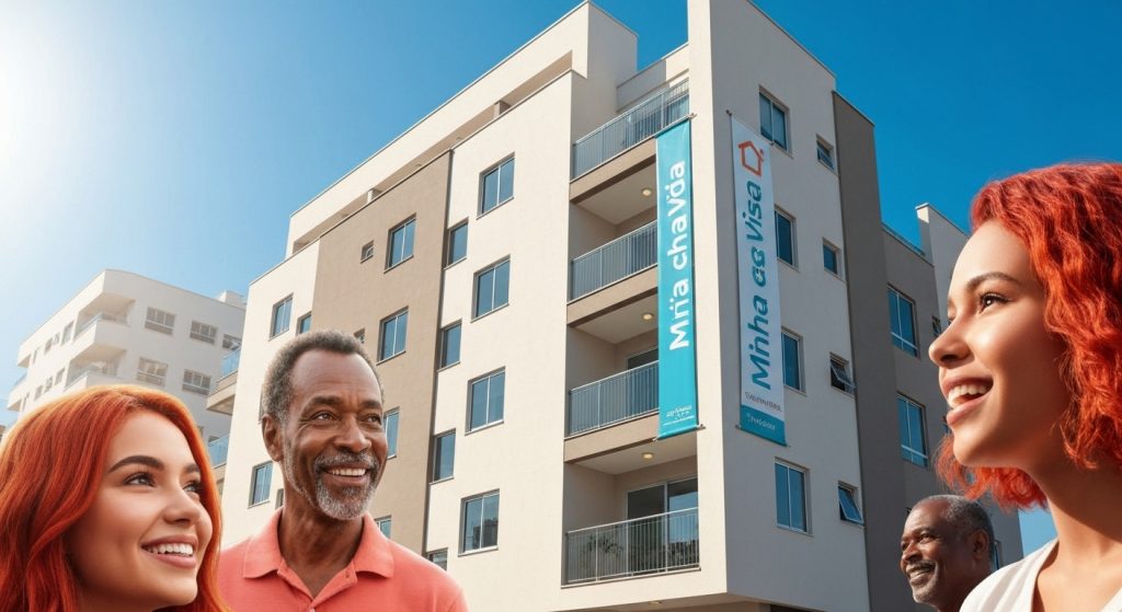 Família feliz em frente a um novo apartamento urbano, simbolizando a conquista da casa própria através do programa Minha Casa Minha Vida.