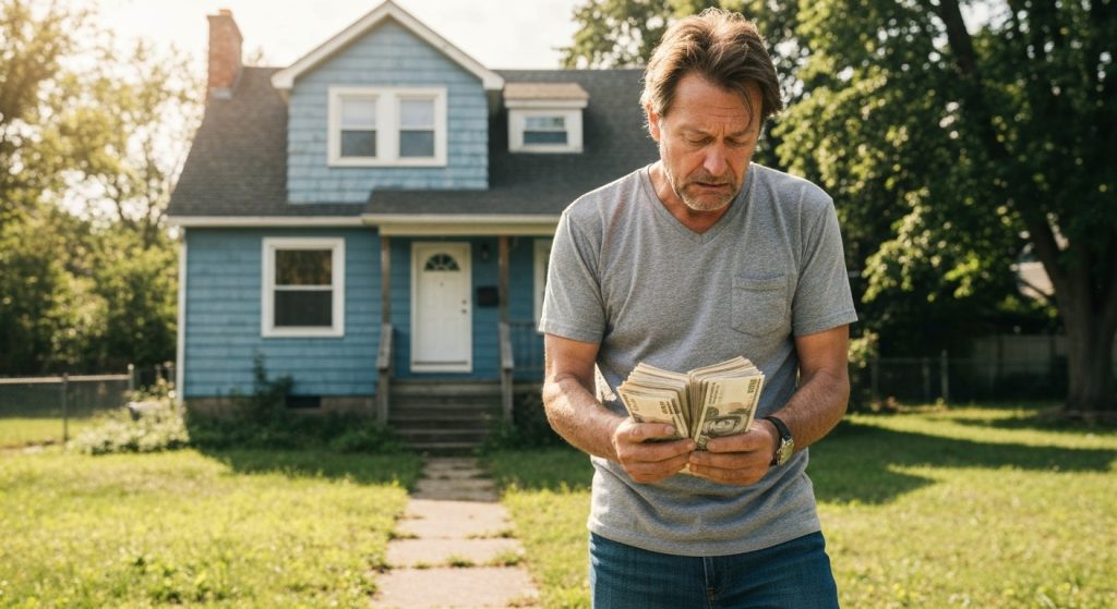 Pessoa preocupada com contas e com o sonho da casa própria distante devido a restrições financeiras.