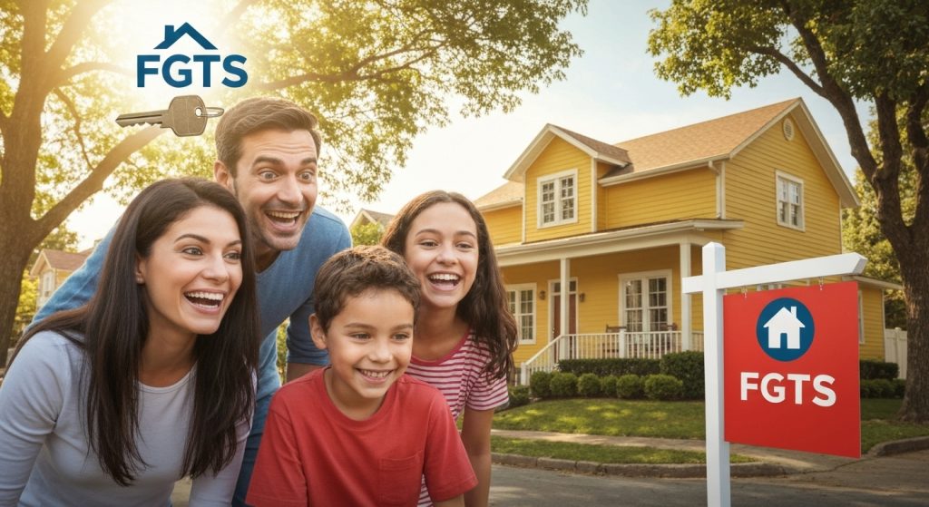 Família brasileira celebra a conquista da casa própria com o uso do FGTS.