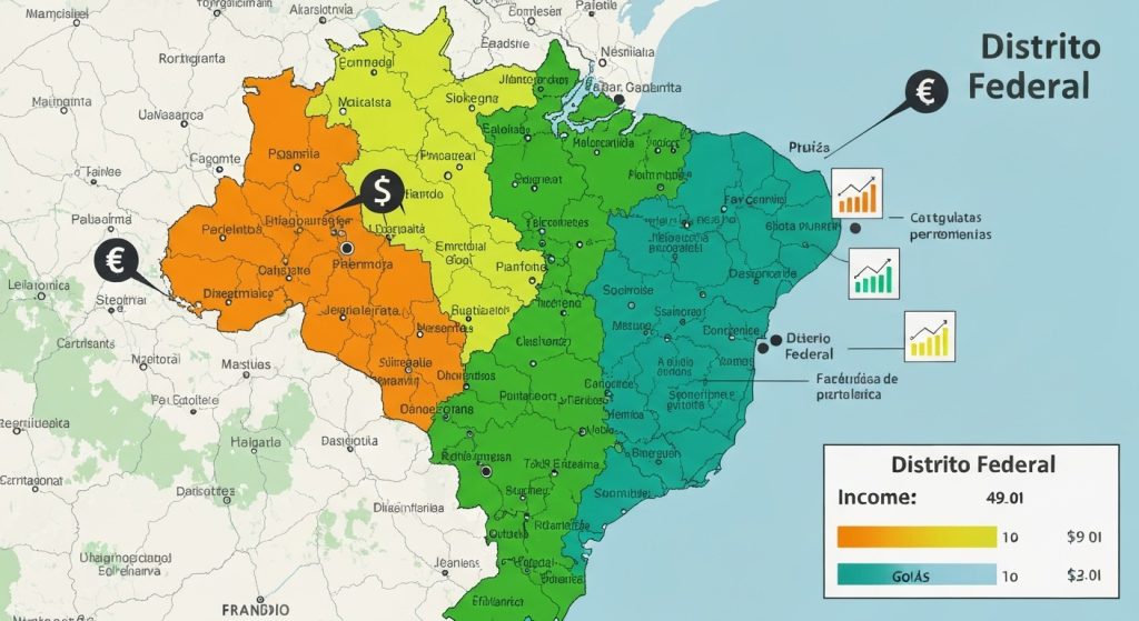 Mapa do Brasil destacando o Distrito Federal e Goiás com gradientes de cor indicando níveis de renda.