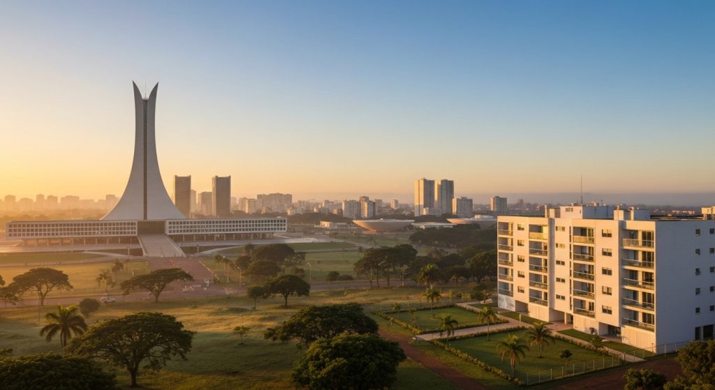 Skyline de Brasília ao amanhecer com o Congresso Nacional, simbolizando a realização do sonho da casa própria.