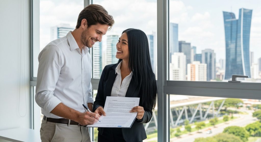 Casal jovem assinando contrato de compra de imóvel em Brasília
