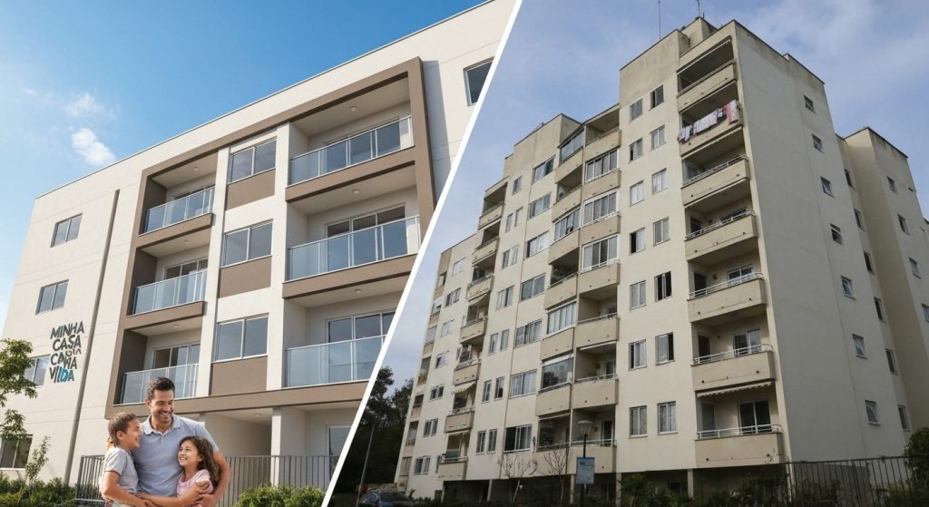 Comparação visual entre um imóvel do Minha Casa, Minha Vida e um imóvel financiado tradicionalmente, destacando as diferenças em aparência e contexto.