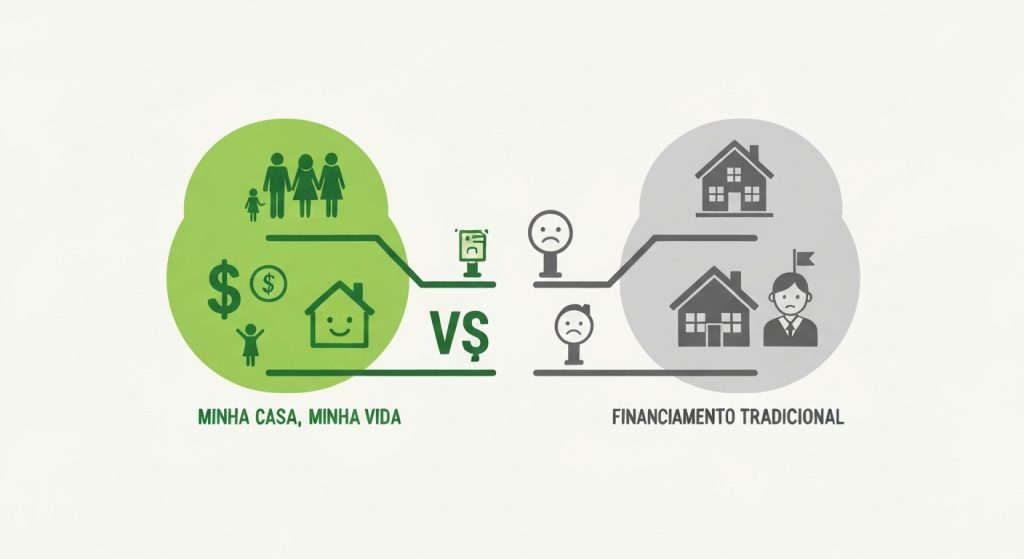 Comparativo visual entre o Minha Casa, Minha Vida e financiamento tradicional imobiliário