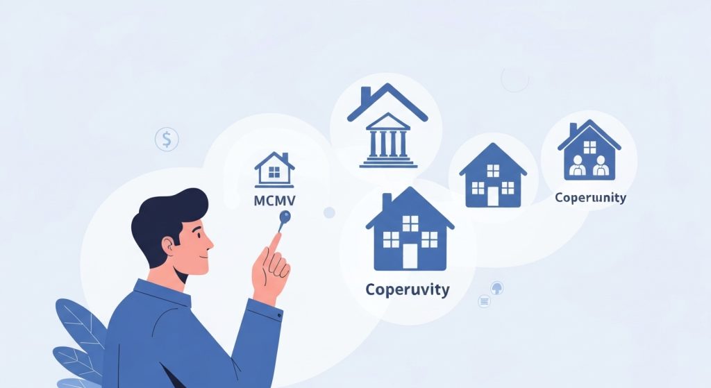 Ilustração comparando diferentes programas habitacionais, com destaque para o Minha Casa Minha Vida Urbana