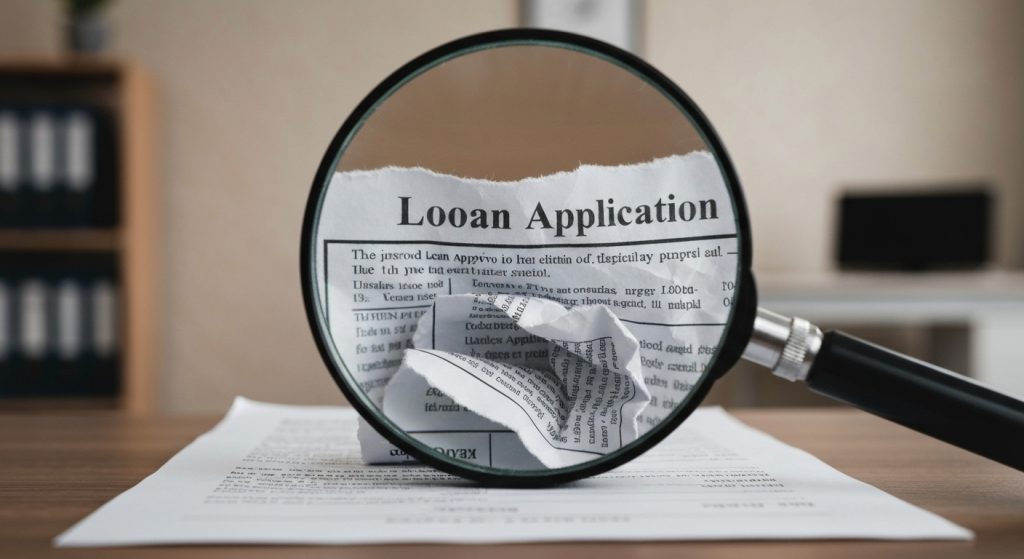 Documento de financiamento incompleto sendo analisado por uma lupa.