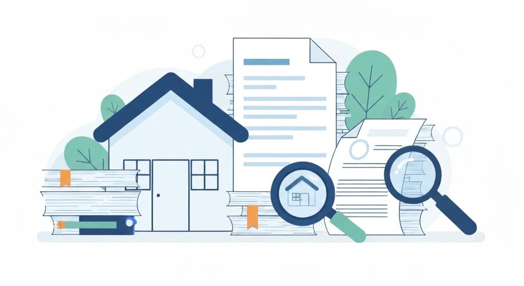 Ilustração representando desburocratização e o programa Minha Casa Minha Vida, com documentos, casa e lupa.