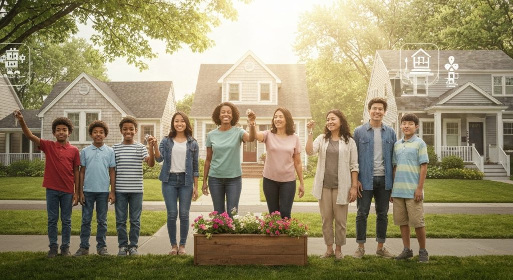 Famílias de baixa renda recebendo chaves de suas novas casas subsidiadas