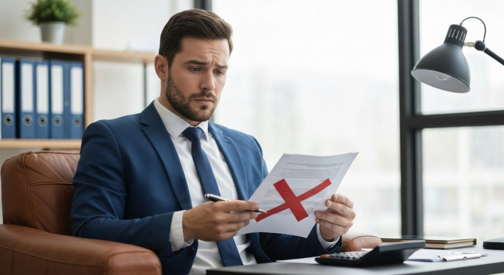 Cliente preocupado com documentos de financiamento e um sinal de negação