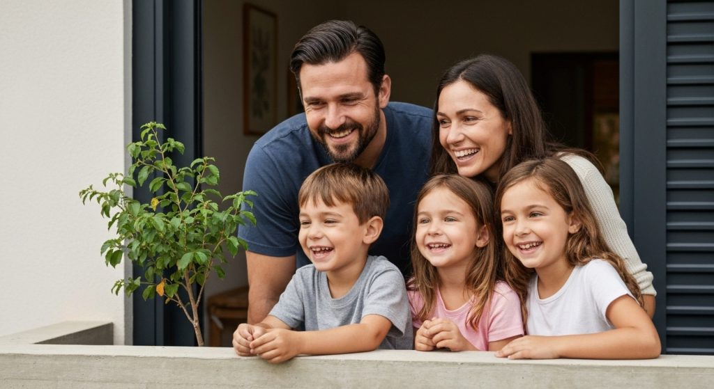 Família celebrando a aquisição da casa própria com o uso do FGTS