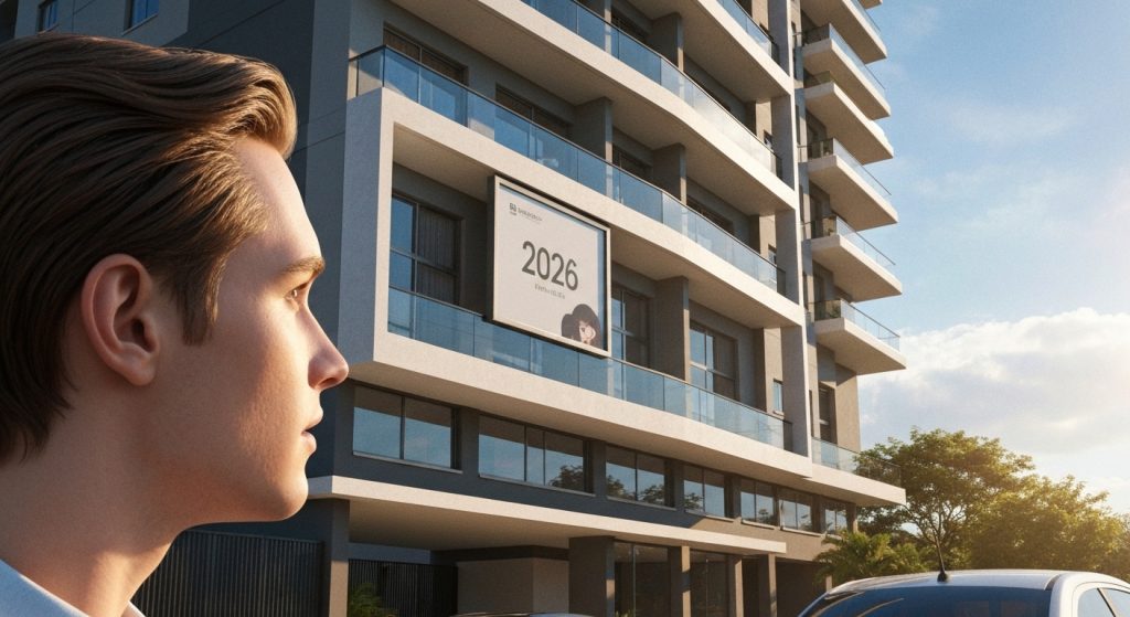 Prédio de apartamentos moderno em Brasília com uma pessoa olhando esperançosa, refletindo o ano de 2026.