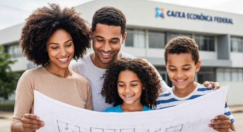 Família brasileira celebrando a conquista do financiamento imobiliário pela Caixa.