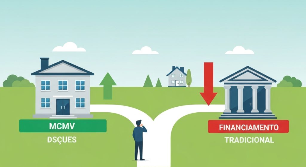 Ilustração comparando o Minha Casa, Minha Vida (MCMV) com o financiamento tradicional, mostrando a diferença de custos e caminhos para a compra de imóveis.