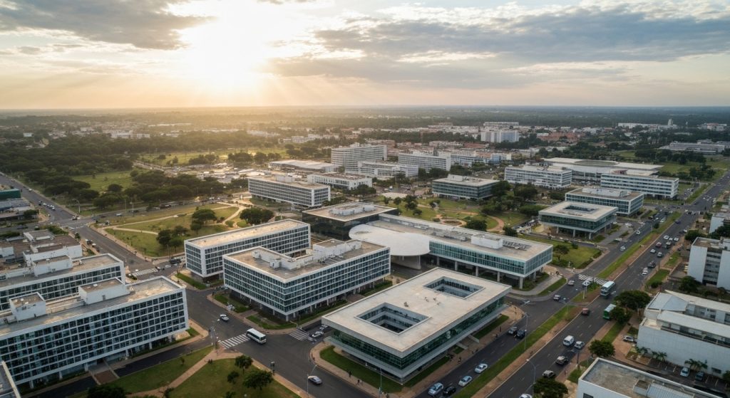 Vista aérea moderna de Brasília com edifícios residenciais e áreas verdes, simbolizando o mercado imobiliário em 2026.