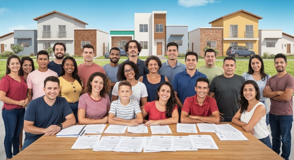 Pessoas reunidas organizando documentos para o programa Minha Casa Minha Vida