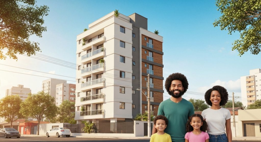 Família feliz em frente a um prédio de apartamentos moderno, simbolizando a conquista da casa própria com o Minha Casa Minha Vida Urbano.