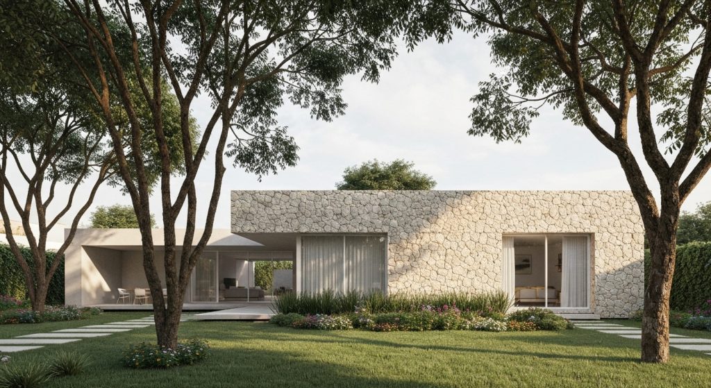 Família feliz em frente a uma casa financiada pelo Minha Casa Minha Vida Urbana