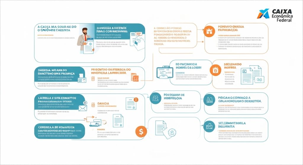Diagrama ilustrando as etapas do financiamento imobiliário da Caixa: simulação, análise de crédito, análise de engenharia e assinatura do contrato.