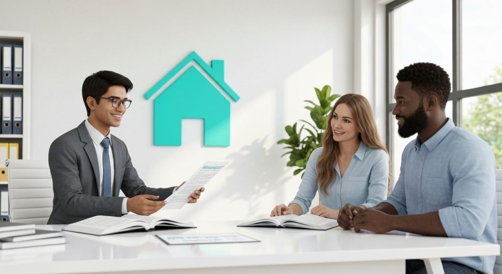 Agente da Caixa explicando contrato de financiamento imobiliário a um casal.