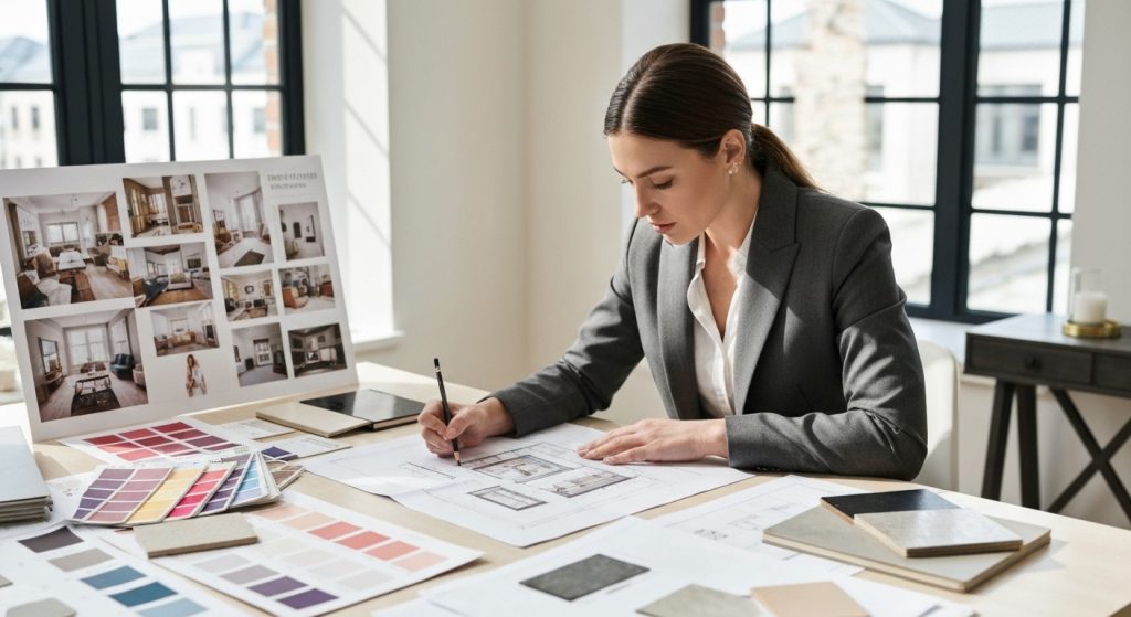 Planejamento de reforma: maquete de casa com plantas e amostras de materiais