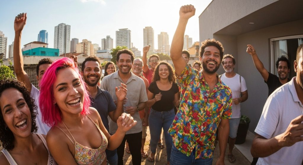Família celebrando a conquista da casa própria através do programa Minha Casa Minha Vida Urbana.
