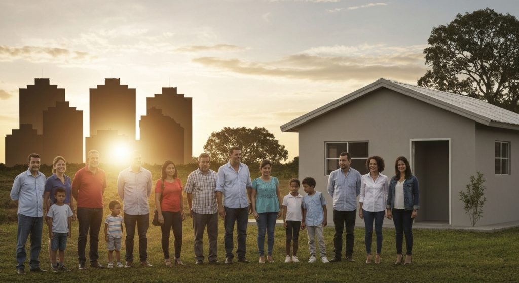 Famílias celebrando a conquista de um novo lar com o apoio de programas de subsídio por renda no DF e Goiás.