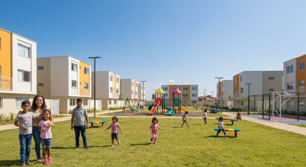 Famílias felizes em um complexo de imóveis populares com áreas de lazer no DF e Goiás.