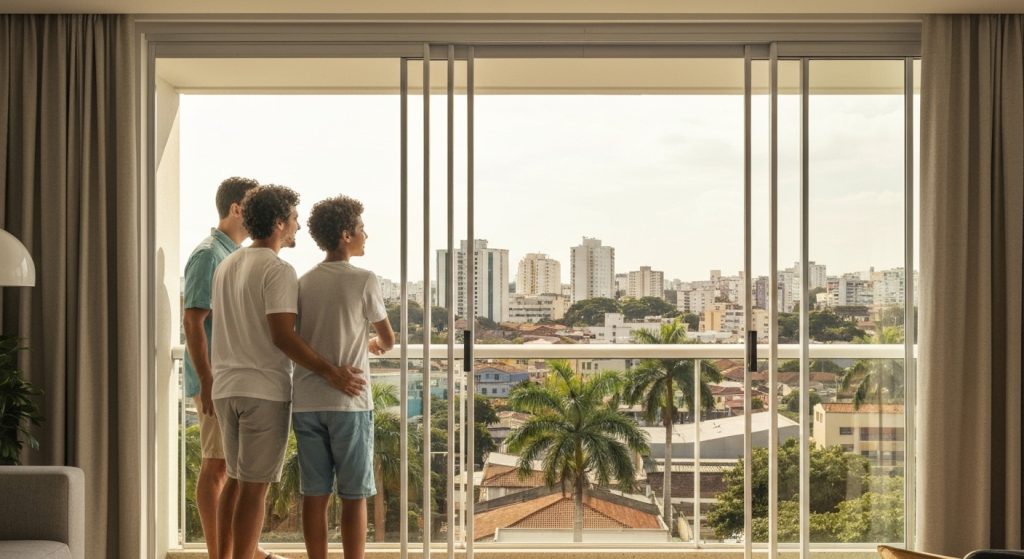 Família feliz em frente a um imóvel novo, simbolizando a conquista da casa própria com auxílio do FGTS.