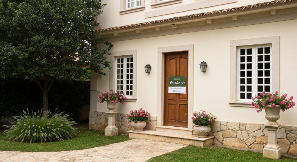 Casa bem apresentada com jardim e placa de vende-se
