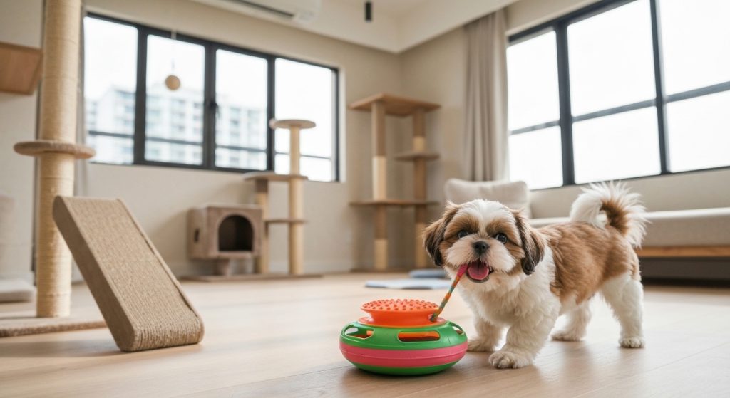 Cão feliz em apartamento com enriquecimento ambiental