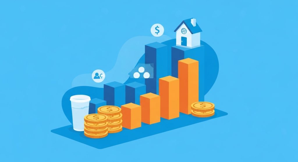 Gráfico de investimentos ascendente com ícones de diferentes ativos