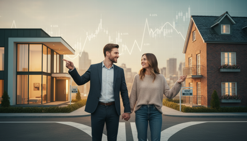 Casal analisando opções de moradia: comprar ou alugar um imóvel.