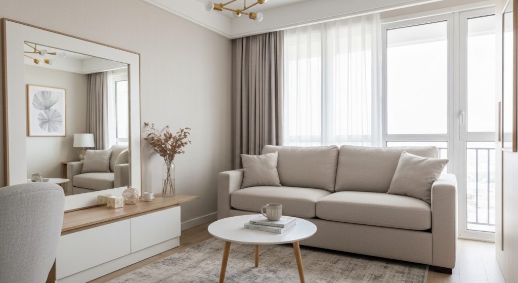 Sala de estar compacta ampliada com decoração inteligente