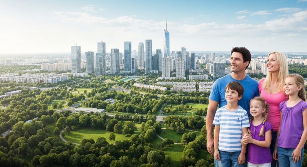 Família escolhendo um bairro ideal para criar filhos em uma cidade planejada e arborizada.