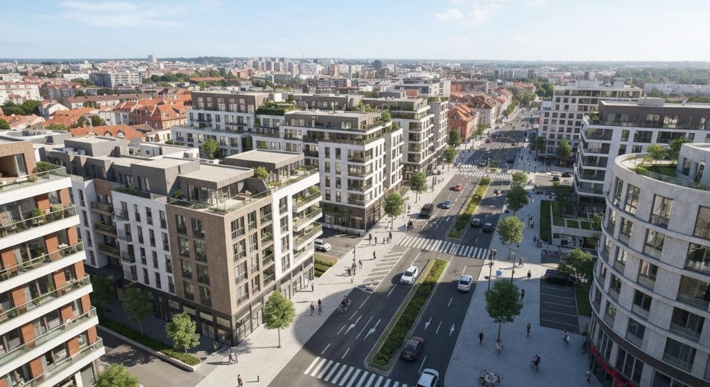 Vista aérea de bairro urbano com infraestrutura completa e boa qualidade de vida.