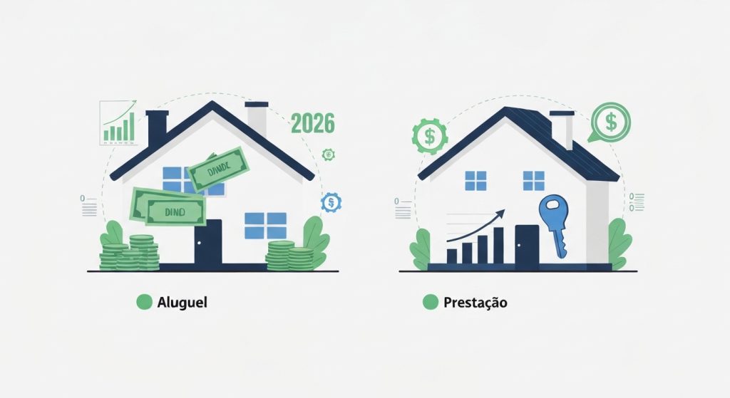 Comparativo visual entre aluguel e prestação de imóvel com foco em investimento e patrimônio.