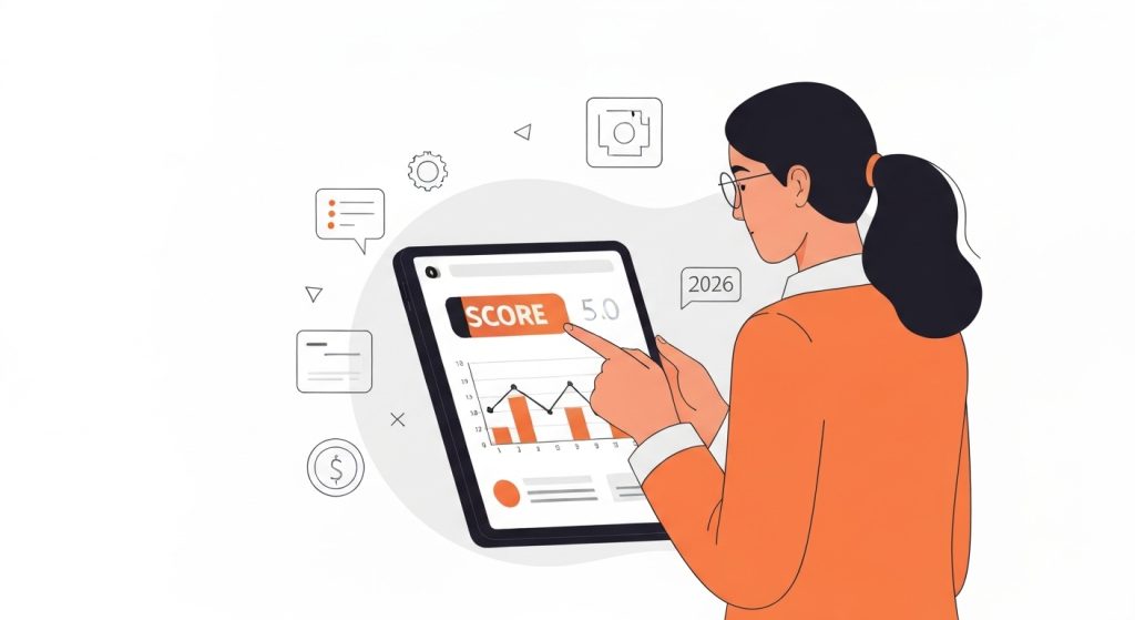 Pessoa analisando gráfico de score de crédito em tablet.