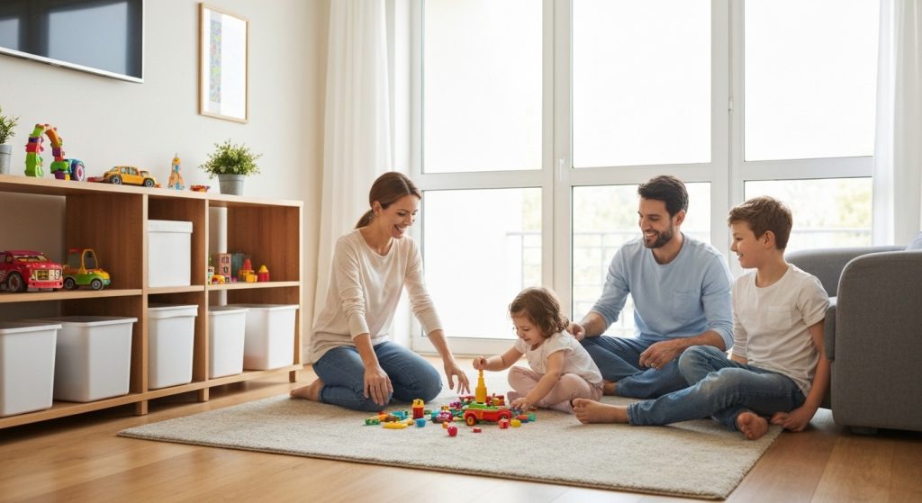 Família feliz em um apartamento moderno e espaçoso