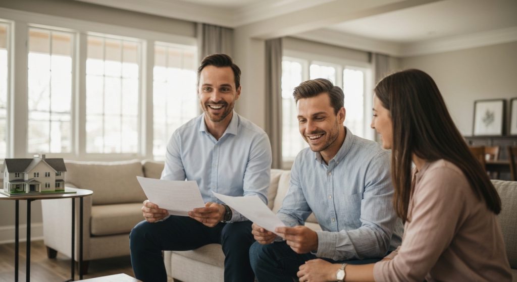 Profissional imobiliário auxiliando casal na compra de imóvel