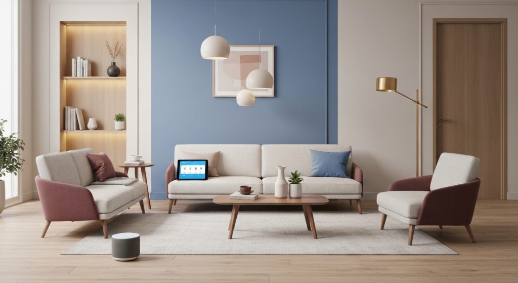 Sala de estar com automação residencial e dispositivos de casa inteligente integrados.