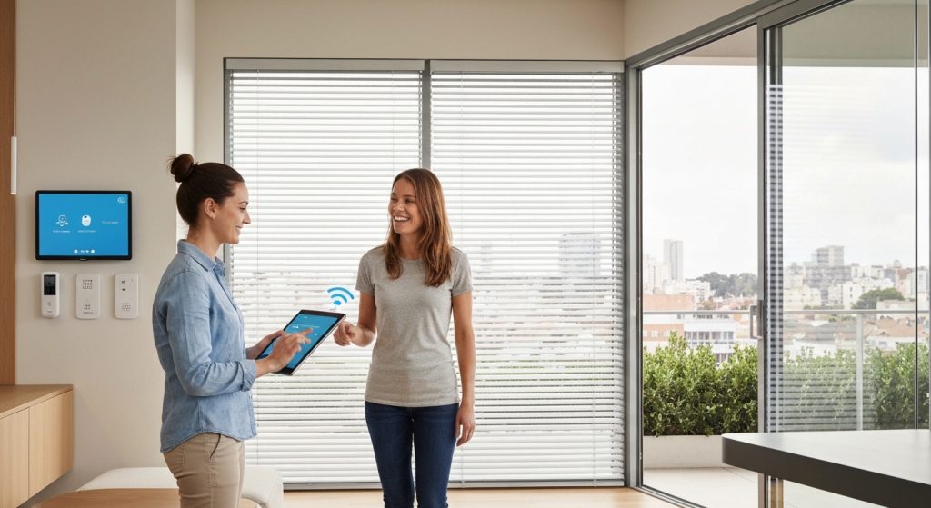 Sala de estar moderna com tecnologia de casa inteligente integrada
