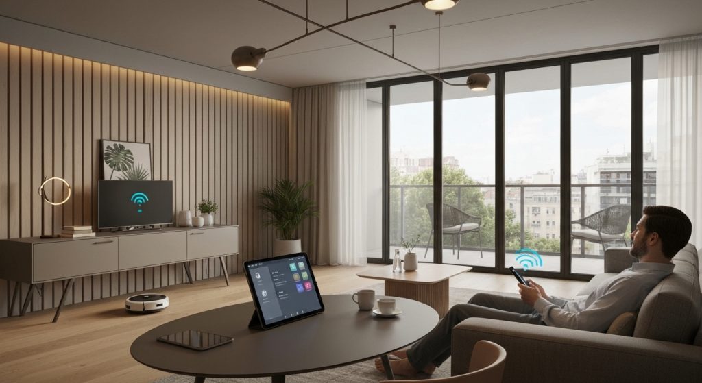 Interior de uma casa inteligente com tecnologia integrada e ambiente confortável.