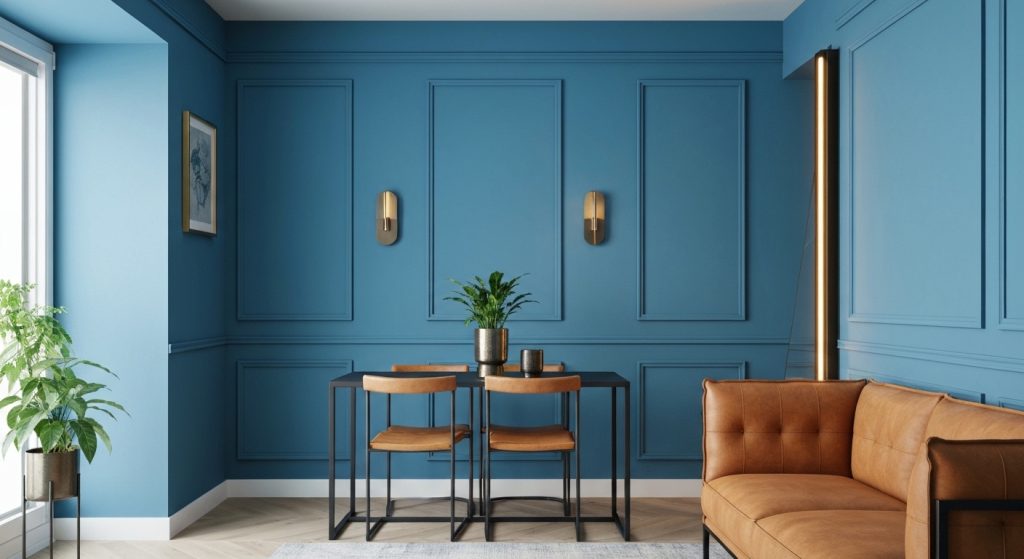 Sala de estar com combinação de cores azul petróleo e areia, mobiliário elegante e iluminação aconchegante.