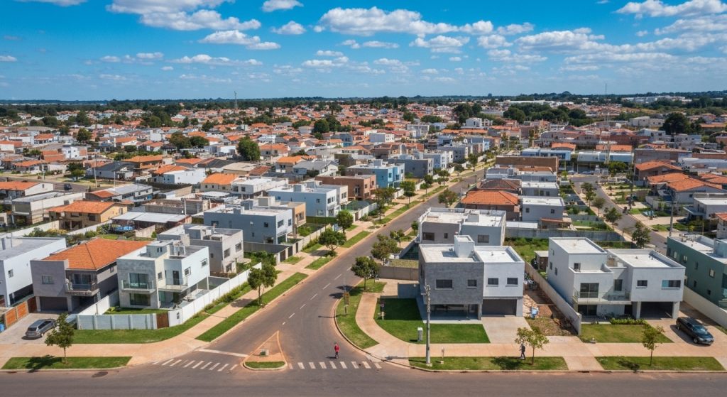 Bairro moderno em expansão, mostrando crescimento e desenvolvimento urbano
