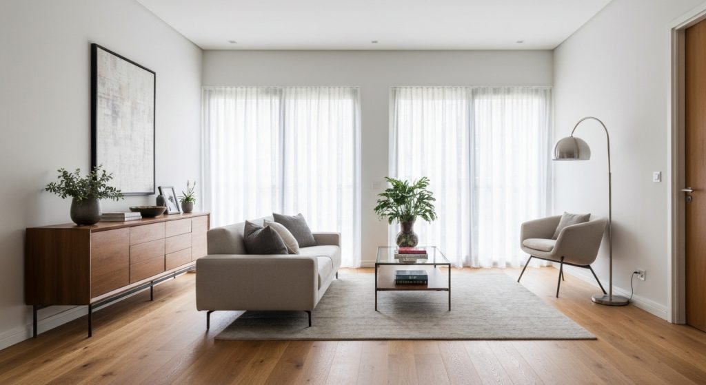 Sala de estar moderna e bem iluminada, apresentando o poder das fotos profissionais de imóveis.