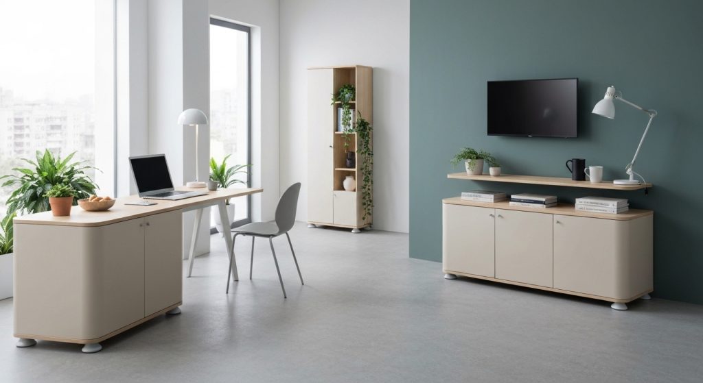 Sala de estar compacta e bem decorada, otimizando o espaço com móveis multifuncionais e elementos visuais de ampliação.