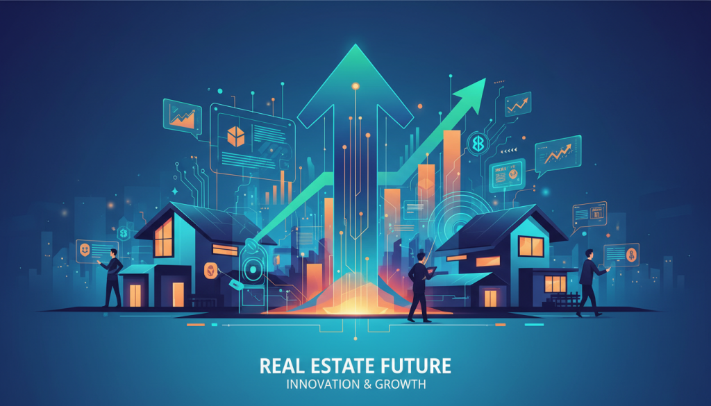 Representação visual do mercado imobiliário futuro com elementos de crescimento e tecnologia.