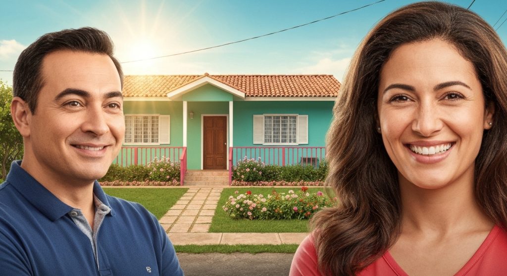 Família feliz em frente à nova casa do Minha Casa Minha Vida