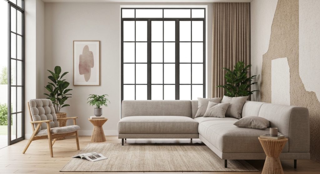 Sala de estar acolhedora com iluminação suave e decoração natural